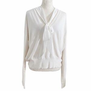 LIU JO MILANO IVORY WHITE CHIFFON TIE NECK V-NECK KNIT SWEATER